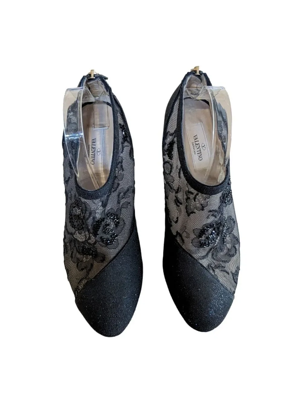 Valentino Garavani Women's Black Lace Heeled Crystal Shoes Size 10 US 40 EU